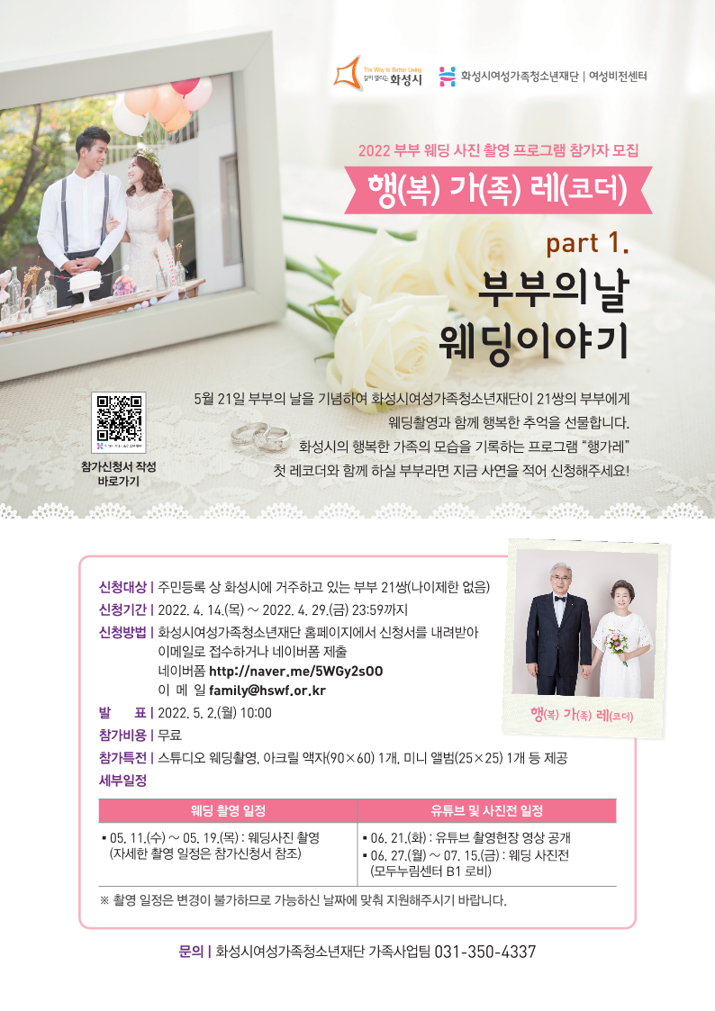 길이열리는화성시 화성시여성가족청소년재단 여성비전센터
2022 부부 웨딩 사진 촬영 프로그램 참가자 모집
행(복)가(족)레(코더)
part1. 부부의날 웨딩이야기
참가신청서 바로가기
5월 21일 부부의 날을 기념하여 화성시여성가족청소년재단이 21쌍의 부부에게 웨딩촬영과 함께 행복한 추억을 선물합니다. 화성시의 행복한 가족의 모습을 기록하는 프로그램 행가레 첫 레코더와 함께 하실 부부라면 지금 사연을 적어 신청해주세요!
신청대상
주민등록 상 화성시에 거주하고 있는 부부 21쌍(나이제한 없음)
신청기간
2022.4.14.(목)~2022.4.29.(금) 23:59까지
신청방법
화성시여성가족청소년재단 홈페이지에서 신청서를 내려받아 이메일로 접수하거나 네이버폼 제출
네이버폼 http://naver.me/5WGy2s00
이메일 family@hswf.or.kr
발표
2022.5.2.(월) 10:00
참가비용 무료
참가특전
스튜디오 웨딩촬영, 아크릴 액자(90x60) 1개, 미니앨범(25x25) 1개 등 제공
세부일정
웨딩 촬영 일정
05.11.(수)~05.19.(목) :  웨딩사진 촬영(자세한 촬영 일정은 참가신청서 참조)
유튜브 및 사진전 일정
06.21.(화) : 유튜브 촬영현장 영상 공개
06.27.(월)~07.15.(금) : 웨딩 사진전(모두누림센터 B1 로비)
※촬영 일정은 변경이 불가하므로 가능하신 날짜에 맞춰 지원해주시기 바랍니다.
문의
화성시여성가족청소년재단 가족사업팀 031-350-4337