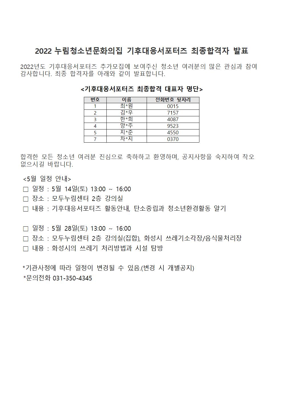 2022 누림청소년문화의집 기후대응서포터즈 최종합격자 발표

 

2022년도 기후대응서포터즈 추가모집에 보여주신 청소년 여러분의 많은 관심과 참여 감사합니다. 최종 합격자를 아래와 같이 발표합니다.

 

<기후대응서포터즈 최종합격 대표자 명단>

 

번호

이름

전화번호 뒷자리

1

최*원

0015

2

김*우

7157

3

한*희

4087

4

양*주

9523

5

지*준

4550

7

차*지

0370

 

 

합격한 모든 청소년 여러분 진심으로 축하하고 환영하며, 공지사항을 숙지하여 착오 없으시길 바랍니다.

 

<5월 일정 안내>

□ 일정 : 5월 14일(토) 13:00 ~ 16:00

□ 장소 : 모두누림센터 2층 강의실

□ 내용 : 기후대응서포터즈 활동안내, 탄소중립과 청소년환경활동 알기

 

□ 일정 : 5월 28일(토) 13:00 ~ 16:00

□ 장소 : 모두누림센터 2층 강의실(집합), 화성시 쓰레기소각장/음식물처리장

□ 내용 : 화성시의 쓰레기 처리방법과 시설 탐방

 

*기관사정에 따라 일정이 변경될 수 있음.(변경 시 개별공지)

*문의전화 031-350-4345