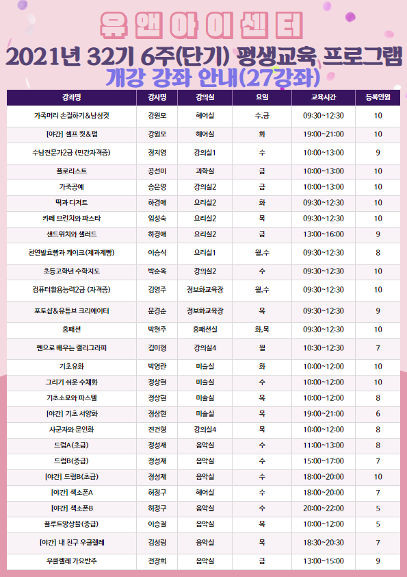 2021년 유앤아이센터 평생교육프로그램 32기 단기(6주) 개강 강좌 안내(27강좌)